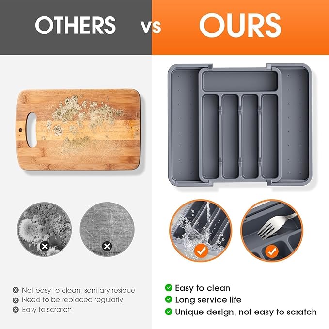 Silverware Organizer，Adjustable & Expandable Utensil Drawer Organizer, BPA Free Utensil Holder, Cutlery Tray for Forks, Spoons, Knives in Kitchen, Medium, Grey