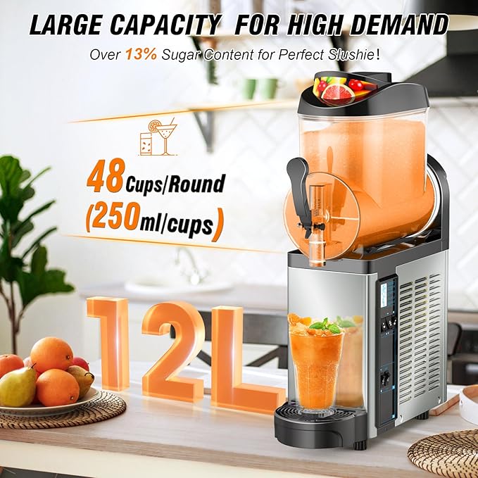 12L Commercial Slush Machine - Stainless Steel Slushie maker Frozen Drink Machine Commerical for Smoothies, Margaritas, Cocktails, Juices & Alcohol Beverages - Ideal for Bars, Cafés & Restaurants