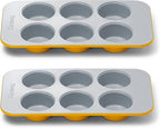 Caraway Nonstick Ceramic 6 Cup Muffin Pan Duo – Non-Toxic, PTFE & PFOA Free – Oven Safe – Aluminized Steel Core – Small Muffin Pan for Baking Cupcakes, Muffins & More - Marigold
