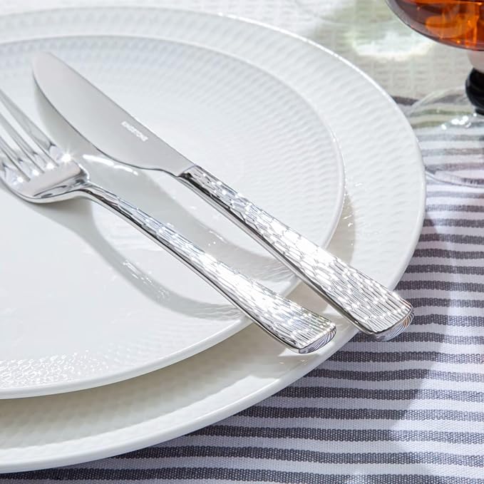 KINGSTONE Hammered Silverware Set, Flatware Set with Serving Utensils, 18/10 Stainless Steel Premium Cutlery with Unique Ripple Handles Design Mirror Polished - Dishwasher Safe (65-Piece)