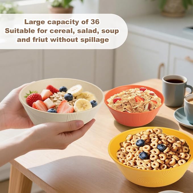 36 oz Wheat Straw Bowl, Unbreakable Cereal Bowls Set of 6, Microwave and Dishwasher Safe Plastic Bowls Reusable, Large Cereal Bowl for Kitchen, Serving, Popcorn, Soup (Multicolor)
