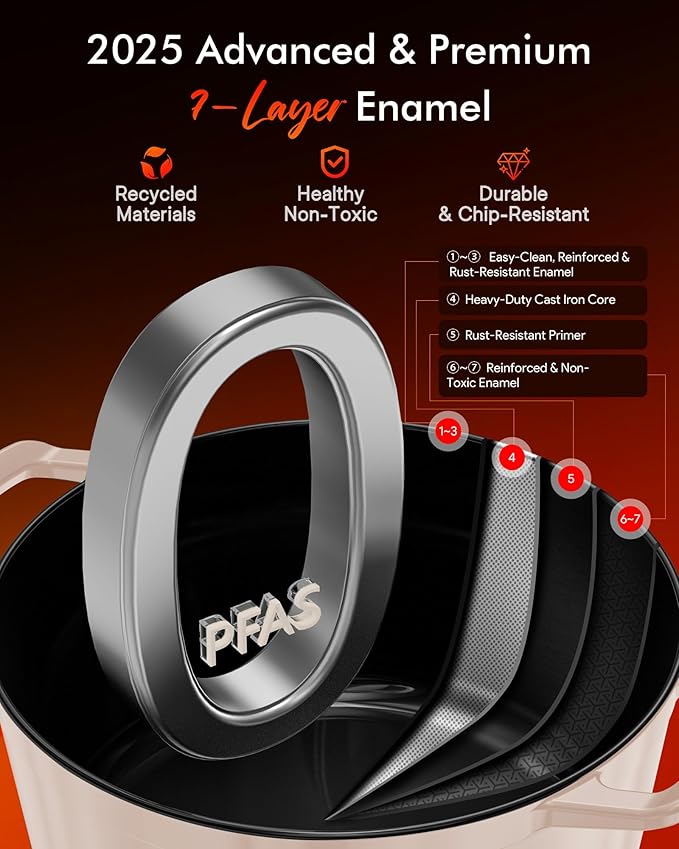 Nuwave 6QT Healthy Enameled Cast Iron Dutch Oven Pot with Lid, Heavy Duty 7-Layer Enamel, Enhanced Rust Protection, Dual Handles, Oven Safe to 500°F for Sourdough Bread Baking, Braise, Stew, Roast