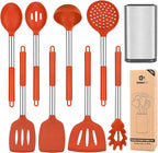 Silicone Cooking Utensil Set, 8Pcs Non-stick Cookware with Stainless Steel Handle, BPA Free Heat Resistant Kitchen Tools with Spatulas, Turners, Spoons, Skimmer and Pasta Fork (RED)