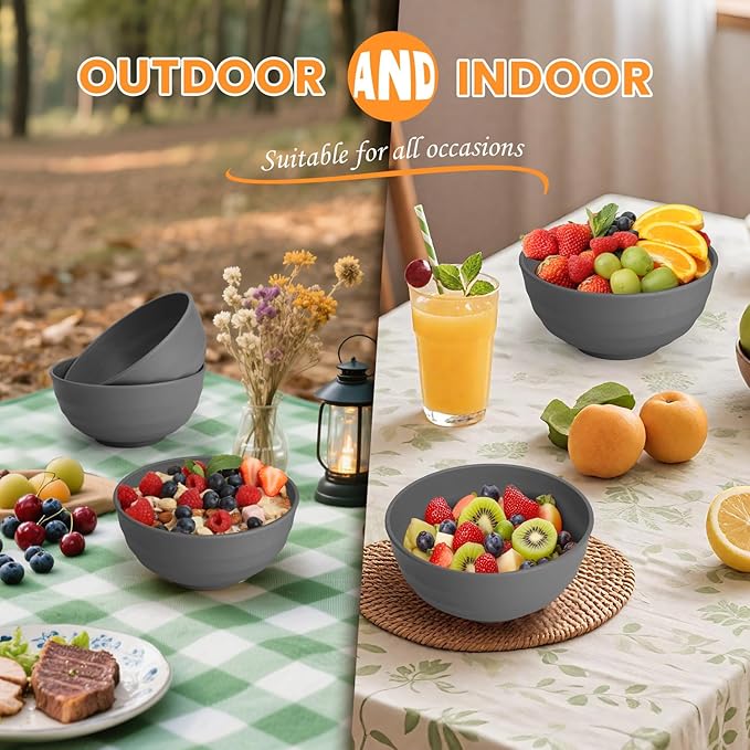 Homienly Wheat Straw Bowls Set of 8, 60oz Extra Large Unbreakable Bowls - Lightweight Alternative to Plastic Serving Bowls for Cereal, Ramen & Soup, Microwave Safe for Outdoor Activities (Grey)