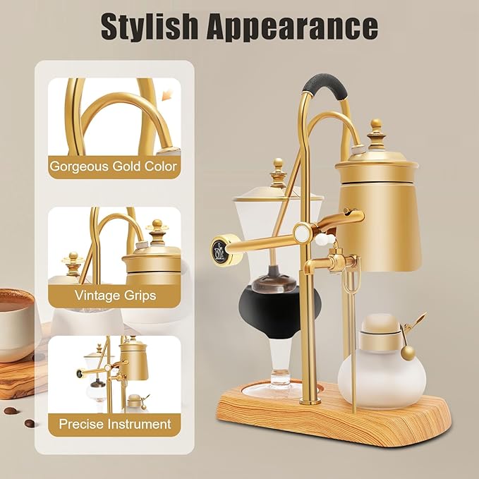 Balance Siphon Coffee Maker Belgian Royal Vintage Coffee Maker Retro Gravity Coffee Machine 13.53 OZ Vacuum Coffee Makers Brewing System for Commercial and Domestic Use (Gold)