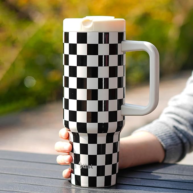 ProTour 100% Leakproof 40 oz Tumbler with Handle & 4-in-1 SipSwig Lid | Built-In Flip Straw & External Stainless Steel Straw | Insulated Stainless Steel Cup | BPA-Free | Black & White Checkered