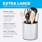 Rotating Extra Large Stainless Steel Utensil Holder Caddy with Sturdy No-Tip Weighted Base, Removable Divider, and Gripped Insert Bottom - Dishwasher Safe Metal Cooking Utensil Holder (White)