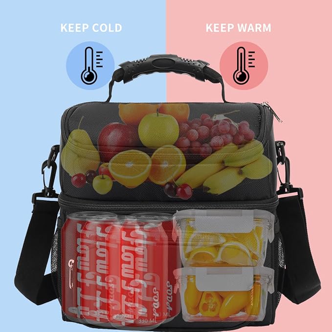 FlowFly Double Layer Cooler Insulated Lunch Bag Adult Lunch Box Large Tote Bag for Men, Women, With Adjustable Strap,Front Pocket and Dual Large Mesh Side Pockets