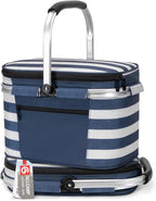 ALLCAMP Picnic Basket - Insulated Cooler, Thickening Foldable Picnic Basket with Removable Baskets & Sewn-in Frame, Basket for House Warming Gifts New Home(Blue and White)