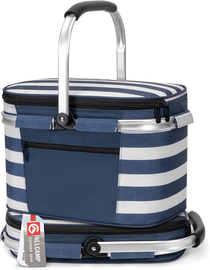 ALLCAMP Picnic Basket - Insulated Cooler, Thickening Foldable Picnic Basket with Removable Baskets & Sewn-in Frame, Basket for House Warming Gifts New Home(Blue and White)