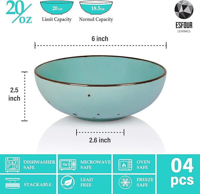 Esfour Round Porcelain Bowls - 18 Ounce - Set of 4 - Microwave, Oven, Dishwasher-Safe, Scratch Resistant, Porcelain Durable Small Dishes Bowls for Cereal, Salad, Pasta, Soup, Dessert - Assorted Vivid