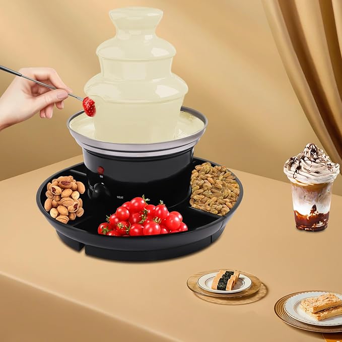 1lb Chocolate Fountain Machine, 3-Tier Stainless Steel Electric Fondue Fountain with Fruit Plate & 6 Forks, for Parties Weddings Events, 120V 40W, US Plug (Black)