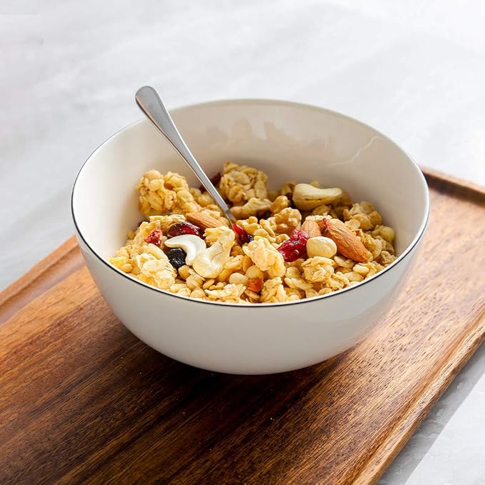 YOLIFE 26 Ounce Cereal Bowls, Ceramic Soup Bowls Set of 6, 6 inch White Salad Bowl for Breakfast, Oatmeal, Rice, Pasta, Dishwasher Microwave Oven Safe(Black Trim)