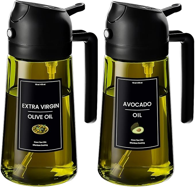 CXINYI - 16oz/470ml Olive Oil Dispenser for Kitchen with Stickers - 2 in 1 Olive Oil Sprayer for Cooking, Air Fryer, and Salad, 2 Black (Light-Proof Kitchen Gadget)
