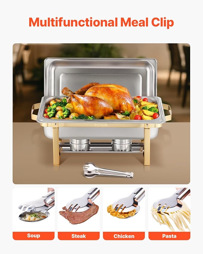 VEVOR Chafing Dish Buffet Set, 8 Qt 4 Pack, Stainless Steel Chafer with 2 Full Size and 4 Half Size Pans, Rectangle Catering Warmer Server with Lid Water Pan Stand, for Weddings Parties Banquets, Gold