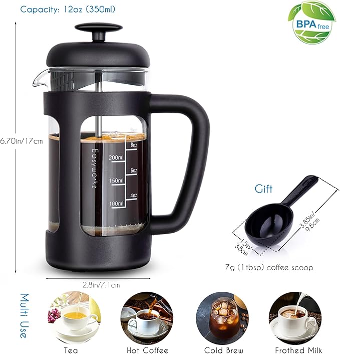 Easyworkz French Press 12 oz Coffee Tea Maker with Borosilicate Glass,Soft Grip Handle
