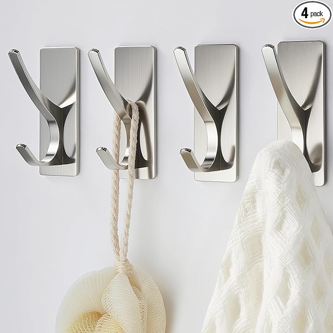 Self Adhesive Coat Hooks for Hanging: Heavy Duty Stainless Wall Hook for Towel, Backpack, Hat, Sturdy Metal Hanger for Bathroom, Bedroom, Door, Brushed Nickel 4 Pack
