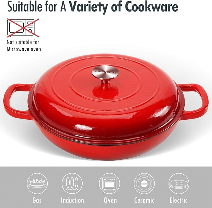 Cast Iron Casserole Braiser,3.8 Quart Enameled Cast Iron Pan,Heavy Duty Casserole Skillet with Lid and Dual Handles,Porcelain Surface Casserole Dish with Lid,Dutch Oven Gifts for Family,Red