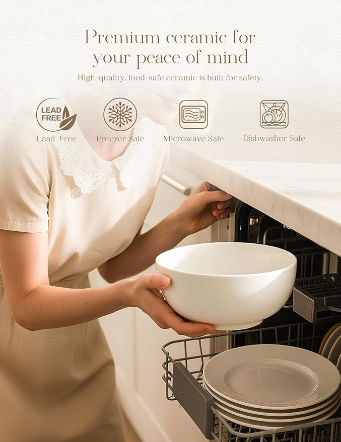 AISBUGUR 42 OZ Large Soup Bowls,Porcelain Salad Bowls Set of 4,Pho Bowls for Soup,Salad,Cereal,Pasta,Fruit,White Bowls Set for Dishwasher & Microwave Safe