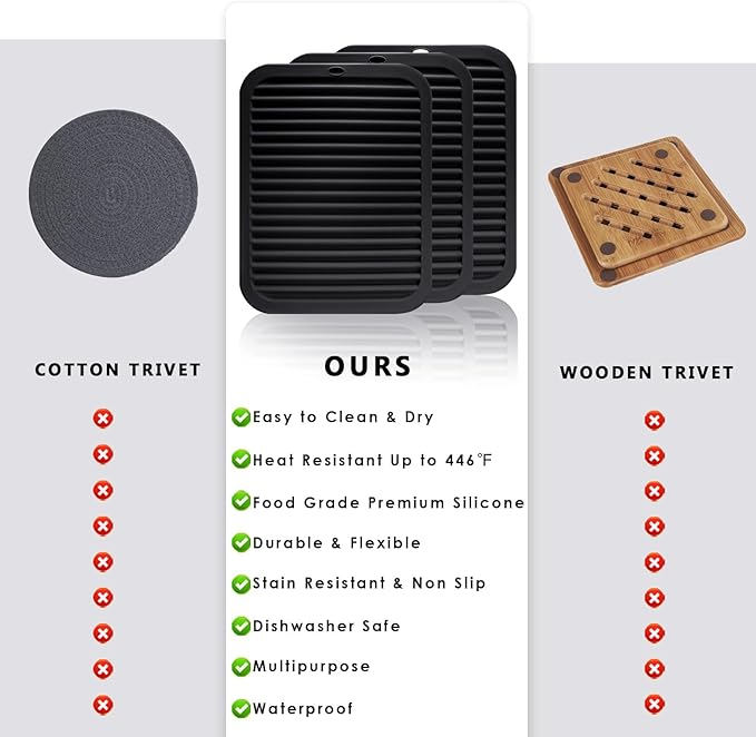 Silicone Trivets for Hot Pots and Pans, 4 Pack Heat Resistant Pot Holders for kitchen, Large Silicone Trivet Mat for Hot Dishes, Black Hot Pads for Kitchen Counter, Hot Mats Spoon Rest, 9 * 12 Inches