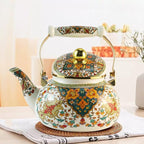 Floral Enamel Tea Kettle Vintage Gold Beige Teapot Colorful Boho Hot Water Coffee Kettle Pot 2.5L Porcelain Tea Pot with Ceramic Handle for Stovetop Hot Water Kitchen Decor