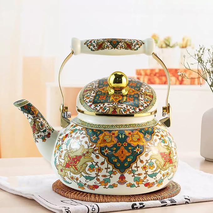 Floral Enamel Tea Kettle Vintage Gold Beige Teapot Colorful Boho Hot Water Coffee Kettle Pot 2.5L Porcelain Tea Pot with Ceramic Handle for Stovetop Hot Water Kitchen Decor