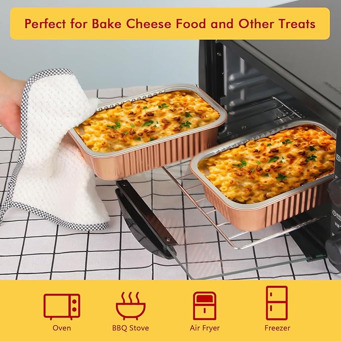 LNYZQUS 50 Pack 7” x 5” Small Aluminum Pans with Lids, 1.5lb Heavy Duty Foil Baking Tins To Go Containers,Individual Leftover Containers Baked Food Holders Boxes for Oven Grill-Champagne