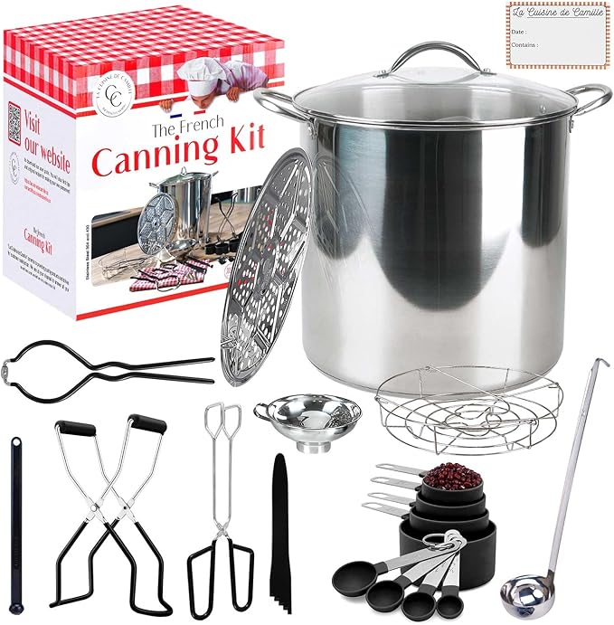 Canning pot with rack and lid - Water bath canner for canning - Complete premium canning kit with large Pot 21.5 Qt in stainless steel 304 - The French canning kit by La Cuisine de Camille