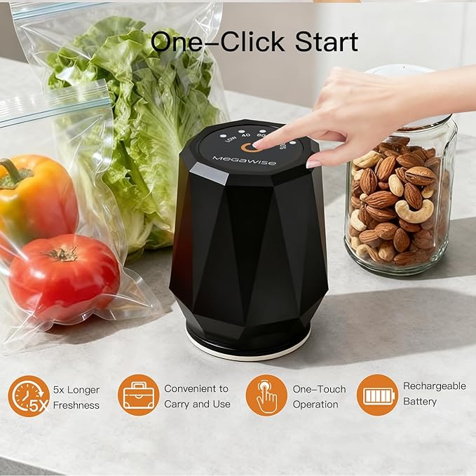 MEGAWISE Handheld Vacuum Sealer for Mason Jars, Compatible with Regular and Wide Mouths, Includes 6 Jar Lids & Accessory Hose