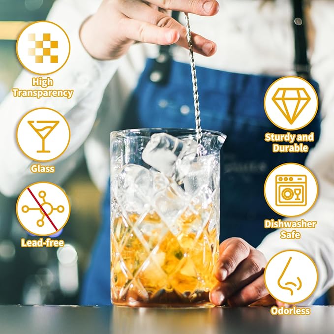 4 Pcs 24 oz Cocktail Mixing Glass Crystal Stirring Glass Thick Bottom Seamless Cocktail Pitcher Tools for Bartender Home Bar Whiskey Martini Drink Shaker Accessories