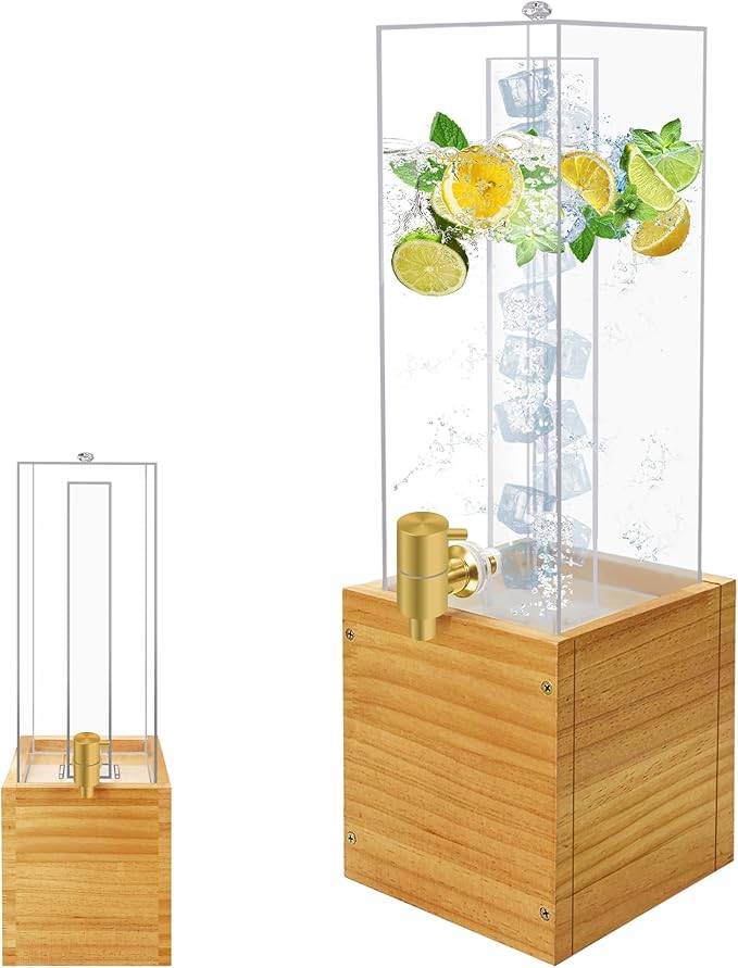 Beverage Dispenser with Stand, 2 Gallon Drink Dispenser, Drink Dispensers for Parties, Individual Ice Container (Wood)