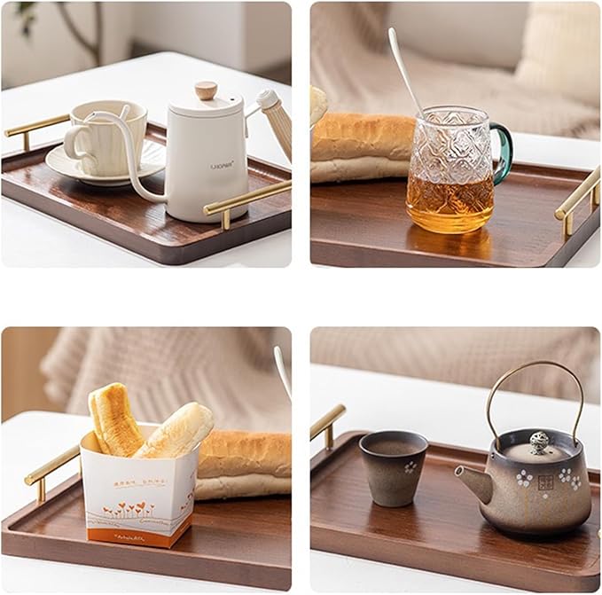 Bamboo Serving Tray with Gold Handles, Food Tray for Breakfast,Coffee Table,Dinner & Bar, Decorative Tray for Kitchen, Bedroom (Large)