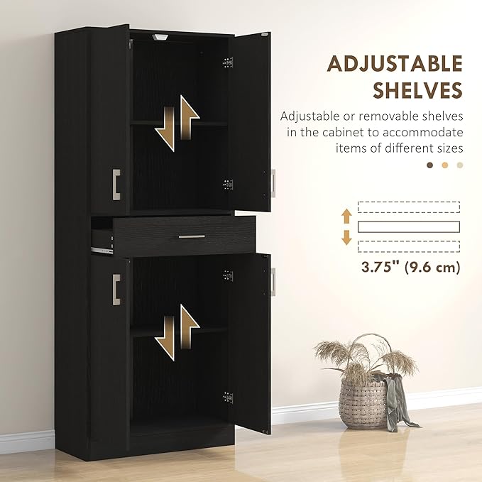 HOMCOM 71" Kitchen Pantry Cabinet with Drawer and Adjustable Shelf, Freestanding Tall Storage Cabinet with 2 Double Door Cupboards, Distressed Black