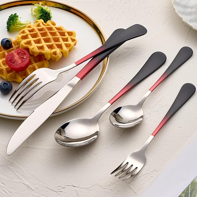 20-Pieces Black Red Silverware Sets for 4,Black Red Handle Stainless Steel Cutlery Set, Include Forks Spoons and Knives Set, Dishwasher Safe Utensil Sets for Home Restaurant