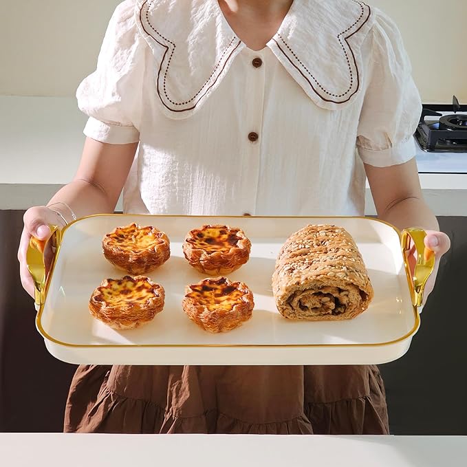Set of 3 Serving Platters with Handles 16.5/15/13.2 Inch Large Party Serving Trays, Reusable Rectangular White Plastic Trays for Food, Dinner, Cookie, Cake, Turkey, Cheese, Fruit, Appetizer