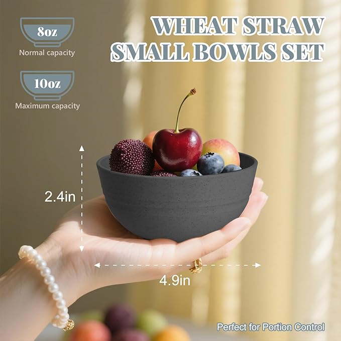 Homienly Wheat Straw Small Bowls, Dessert Bowls for Kitchen, Camping, Party, Unbreakable Mini Bowl Set of 8, 10 OZ Microwave and Dishwasher Safe Appetizer Bowl,Yogurt Bowls Set (Dark Grey)