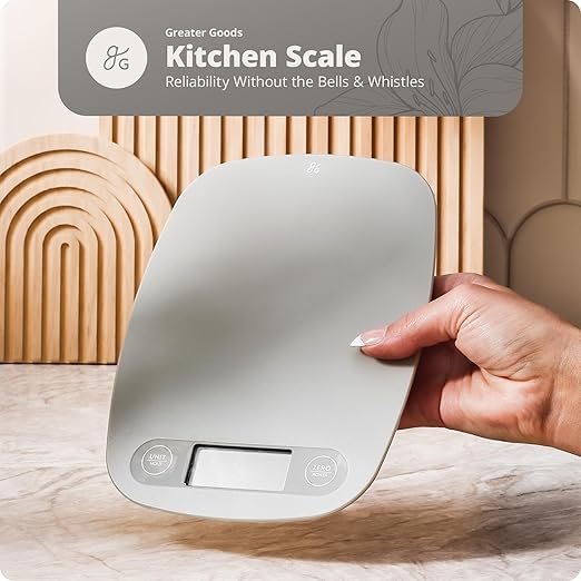 Greater Goods Compact Digital Kitchen Scale – Accurate Food Scale for Baking, Meal Prep, 4 Measuring Units, 11lb/5kg