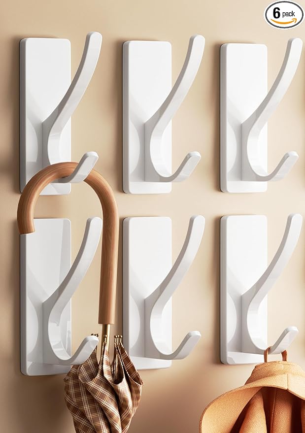 Self Adhesive Coat Hooks for Hanging, Heavy Duty Stainless Double Wall Hook for Towel, Backpack, Hat, Sturdy Metal Hanger for Bathroom, Bedroom, Door, Wall Mounted, 6 Pack, White