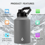 BJPKPK One Gallon(128 oz) Insulated Water Bottle, Dishwasher Safe Stainless Steel Thermos, BPA Free Jug with Ergonomic Handle & Anti-slip Bottom, Large Water Bottle, Grey