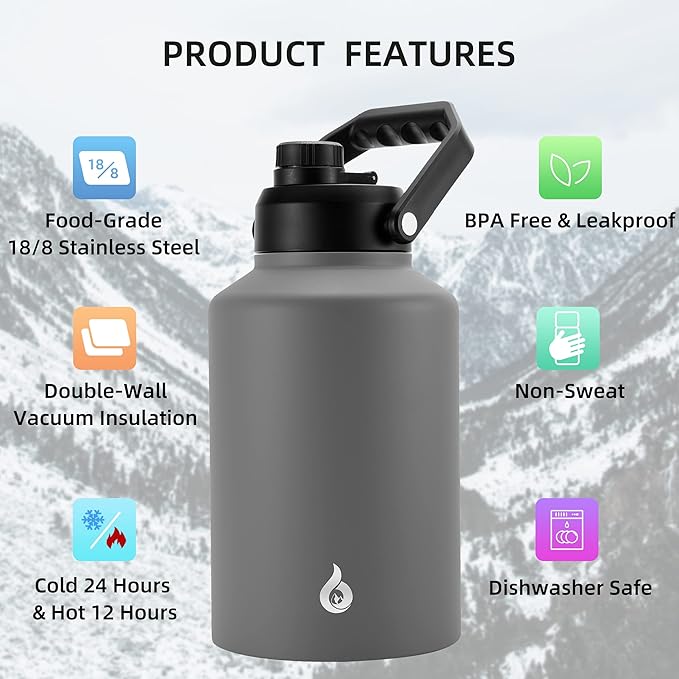 BJPKPK One Gallon(128 oz) Insulated Water Bottle, Dishwasher Safe Stainless Steel Thermos, BPA Free Jug with Ergonomic Handle & Anti-slip Bottom, Large Water Bottle, Grey