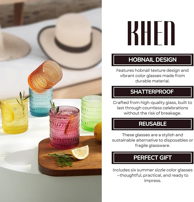 Khen Hobnail Drinking Glasses - Colorful Tumblers, 10 oz Drinkware for Parties, Brunches, BBQs, Picnics & Gifts - Cups for Cocktails, Iced Tea & Juice - BPA-Free - Set of 6, Summer Colors