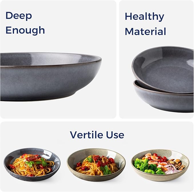 AmorArc 8.5'' Large Pasta Bowls, 36oz Stoneware Pasta Serving Bowls Set of 4 for Kitchen, Wide Bowls for Pasta,Salad,Fruit,Oatmeal, Microwave Safe, Reactive Glaze-Gray