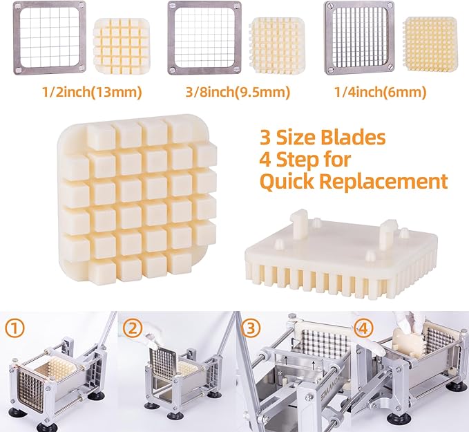 Rismonar French Fry Cutter Stainless Steel Potato Slicer With 1/2in 1/4in 3/8in Blade for Carrots Cucumbers Vegetables (Green, Machine + 1/2)