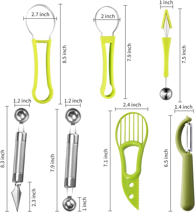 5Pcs Melon Baller Scoop Set, 4 in 1 Stainless Steel Fruit Scooper Seed Remover Cutter, Double Sided Melon Baller Spoon, Avocado Cutter, Watermelon Carving Knife for Dig Pulp Separator Fruit Slicer