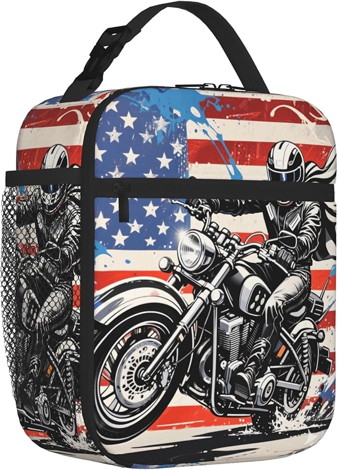 American Flag Motorcycle Insulated Lunch Bag for Women & Men, Reusable Leak-Proof Lunch Box with Cooler Compartment, Lunch Tote for Adults Work Travel Picnic Durable & Washable