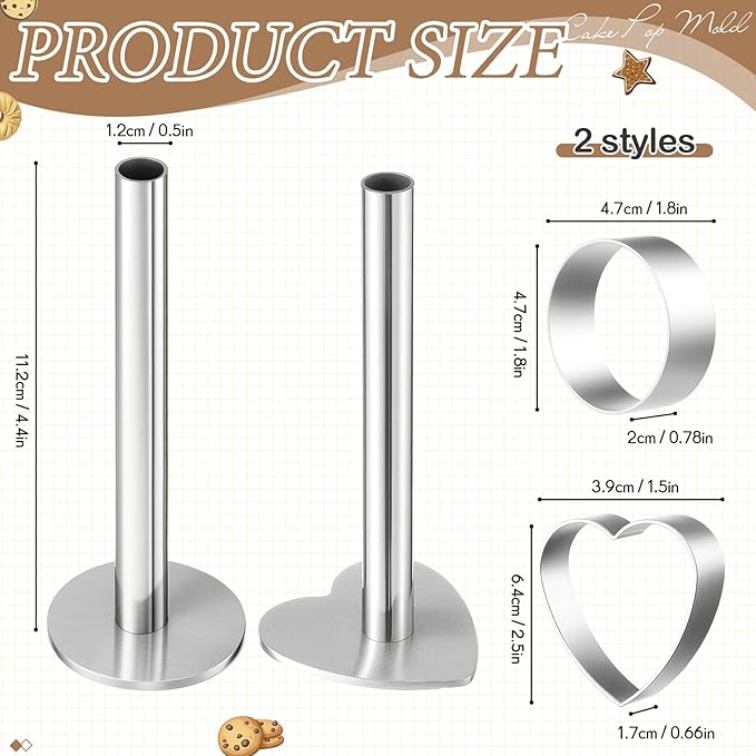 2 Pack Stainless Steel Cake Pop Mold Set, Circle and Heart Cake Pop Cutter and Pusher, Baking Cakepop Supplies Accessories Tools for Home Baking Desserts