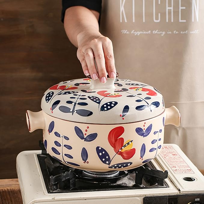 Japanese Casserole Pot with Handles for Cooking, Ceramic Casserole Clay Pot Steam Stew Pot with Steamer Basket,A,4L