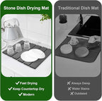 Stone Dish Drying Mat For Kitchen Counter, 16 x 12 Inch Collapsible Stone Drying Mat, Quick Dry Absorbent Diatomaceous Earth Mat, Self-Drying Dish Drying Mat For Dishes Sink Bathtub-Gray