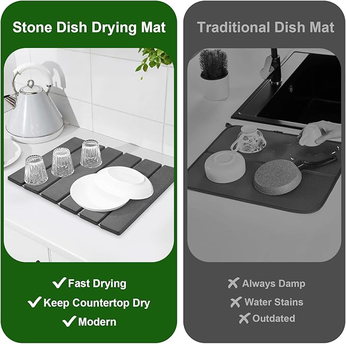 Stone Dish Drying Mat For Kitchen Counter, 16 x 12 Inch Collapsible Stone Drying Mat, Quick Dry Absorbent Diatomaceous Earth Mat, Self-Drying Dish Drying Mat For Dishes Sink Bathtub-Gray