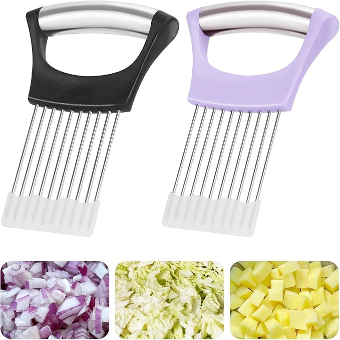 2PCs Stainless Steel Onion Slicer Holder, Onion Cutter Holder for Slicing of Onions,Tomatoes,Avocados,Eggs and Other Vegetables,KItchen Utensils (Purple & Black)